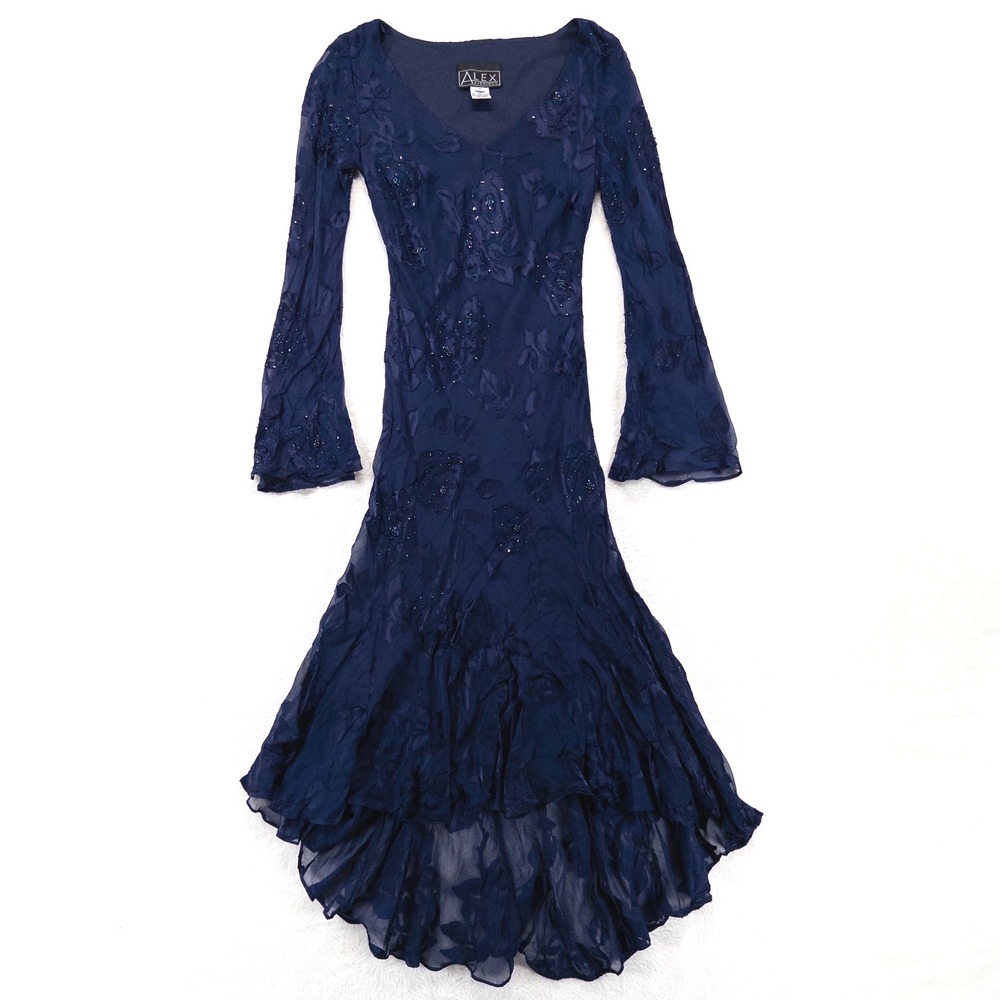Y2K Alex Evenings Dress 4 Navy Blue Burnout Floral Beaded High Low Whimsigoth
